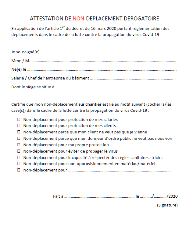 Attestation de NON déplacement ・ CAPEB